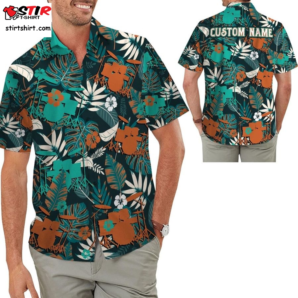 Drums Symbol Image Tropical Floral Aloha Custom Name Men Button Up Hawaiian Shirt Personalized Gifts For Drummers   Image