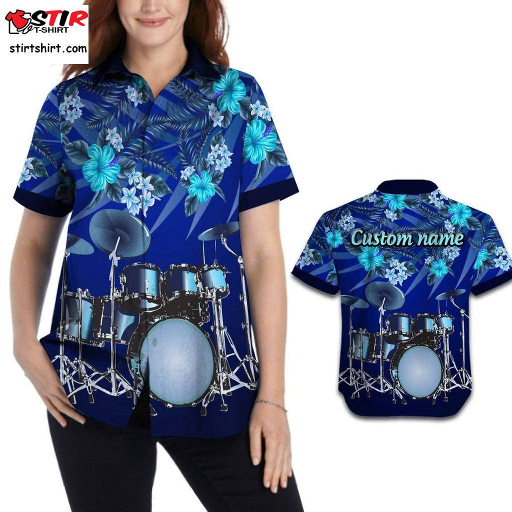 Drums Tropical Floral Aloha Custom Name Women Button Up Hawaiian Shirt Personalized Gifts For Drummers Music Lovers  Alcohol 