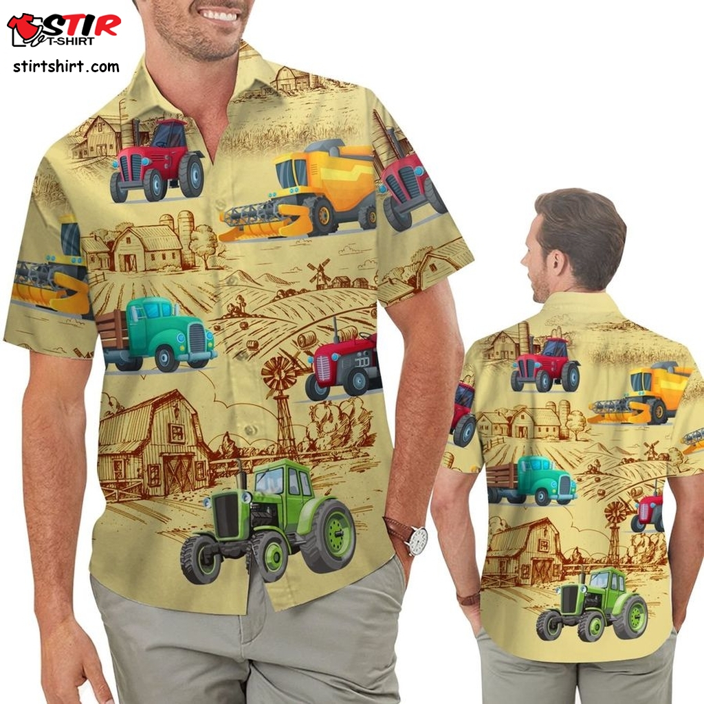 Farmer Tractor Field Farm Image Background Men Button Up Hawaiian Shirt For Farm Lovers In Daily Life Unique Gifts  Where Can I Find A 