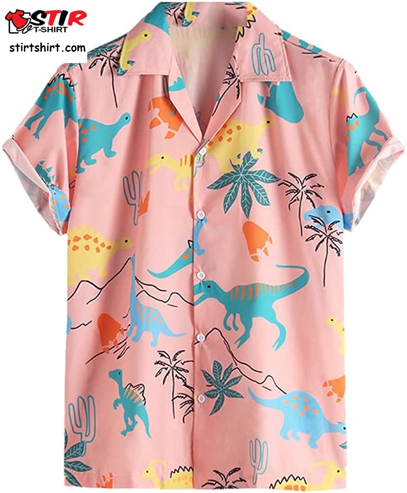 Fashion Hawaiian Shirt Male Funny Style Dinosaur Cartoon Print Short Sleeved Pink Shirt Male Korean Clothes