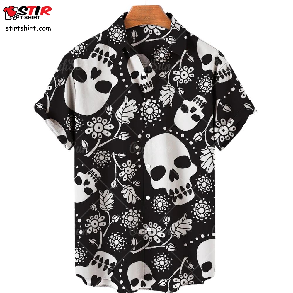 Fashion Hawaiian Shirt Men Casual Horror Skull Print Tops Short Sleeve Shirt   With Skulls