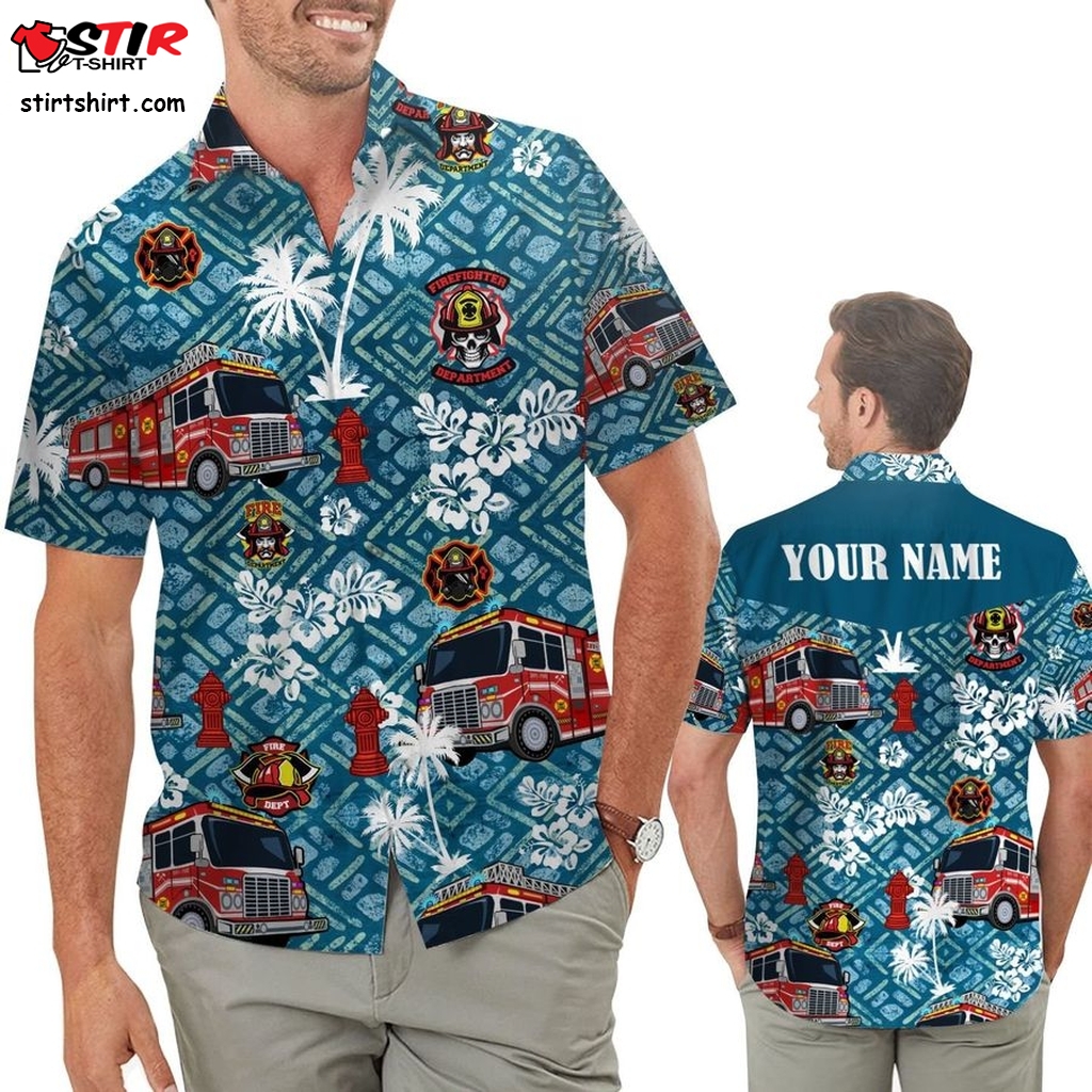 Firefighter Car Symbol Tropical Floral Custom Name Personalized Gifts Men Aloha Button Up Hawaiian Shirt For Firemen  Firefighter 