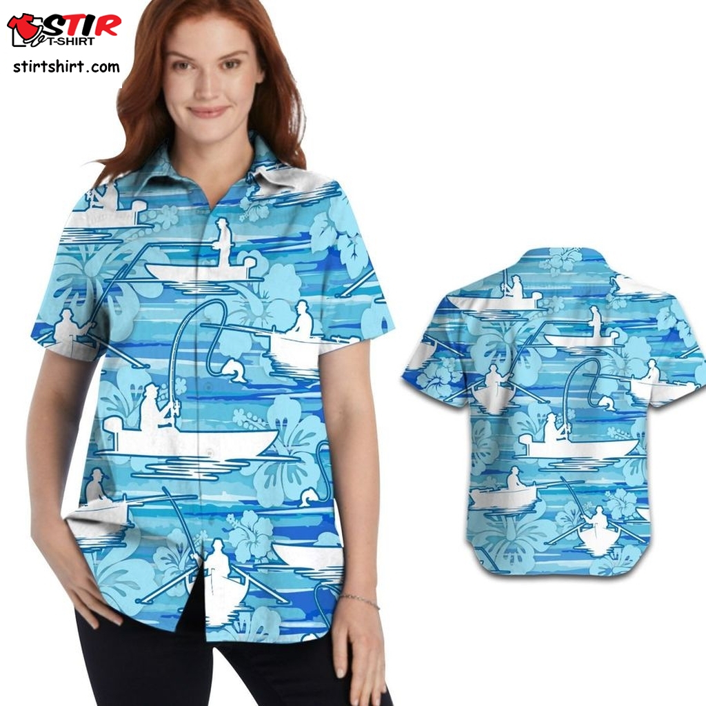 Fishing Boat Water Tropical Floral Hibiscus Background Women Aloha Button Up Hawaiian Shirt For Fishers Sport Lovers   Target