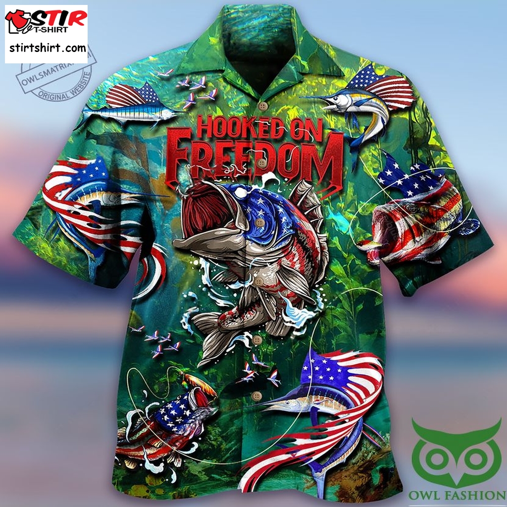 Fishing Hooked On Freedom Usa Flag Pattern  Hawaiian Shirt   Coloring Page
