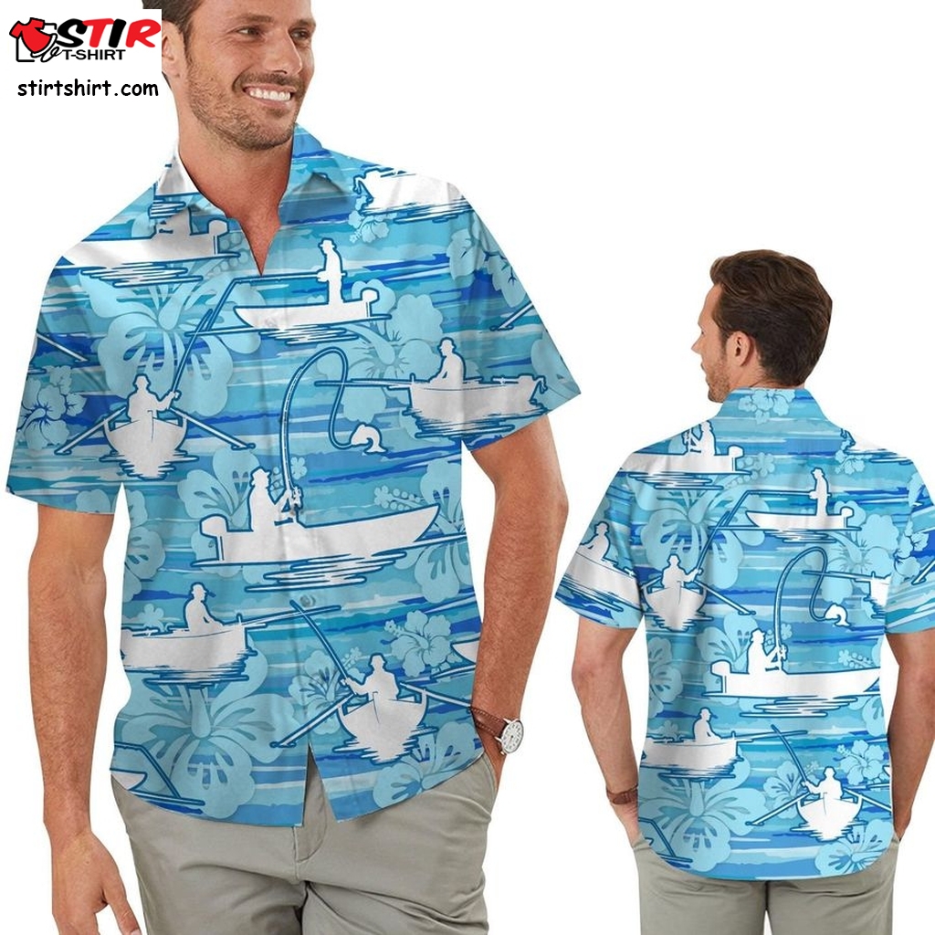 Fishing Water Tropical Floral Hibiscus Background Men Aloha Button Up Hawaiian Shirt For Fishers Fisherman Sport Lovers  Hawaiian Button Up Shirt Mens