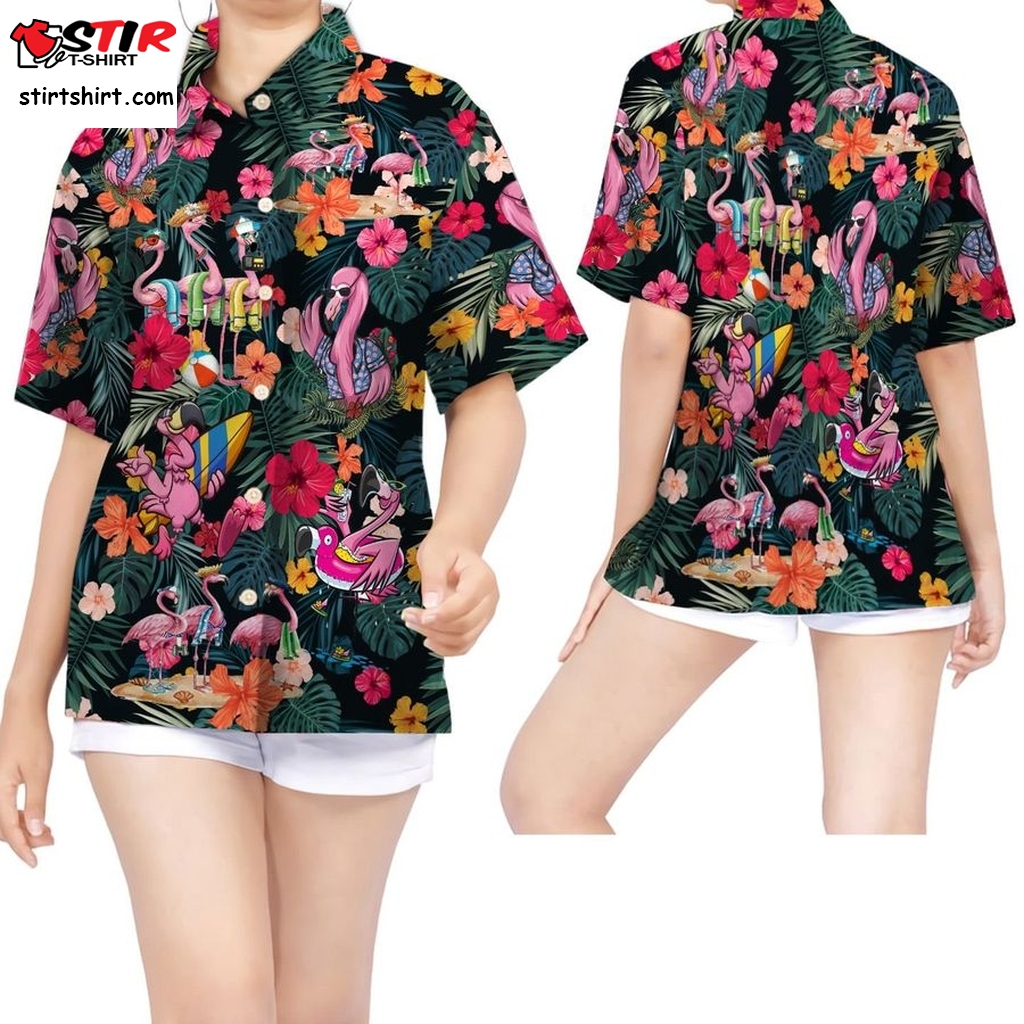 Flamingo Hibiscus Tropical Leaves Women Hawaiian Shirt For Girls In Summer  Girl  Outfit