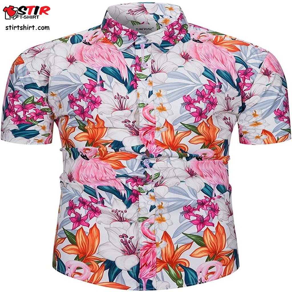 Flower Pineapple Bird Print Short Sleeve Shirt Casual Button Down Tropical Hawaiian Shirt  Casual  Outfit Men