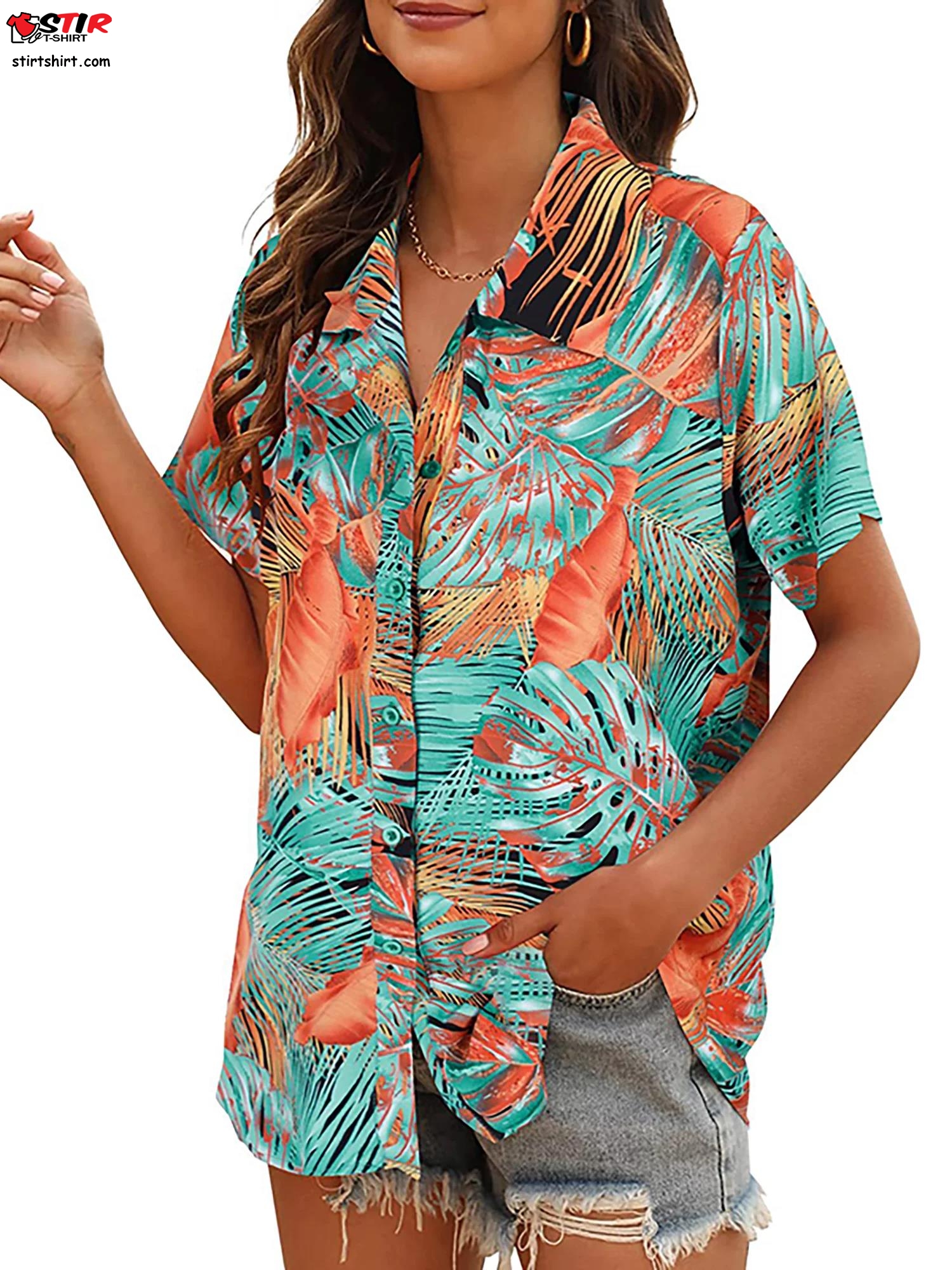 Frontwalk Women Hawaiian Style Shirts Summer Button Down Loose Floral Print Tops Beach Blouse Ladies Short Sleeve Business Tunic Shirt   Outfit Women