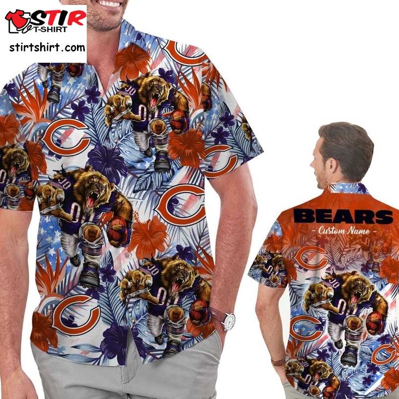 Funny Chicago Bears Tropical Floral America Flag Custom Name Personalized Men Women Aloha Hawaiian Shirt Short For Football Lovers