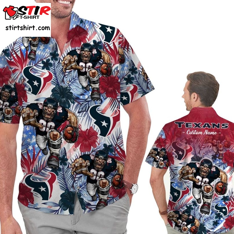 Funny Houston Texans Tropical Floral America Flag Custom Name Personalized Men Women Aloha Hawaiian Shirt Short For Football Lovers