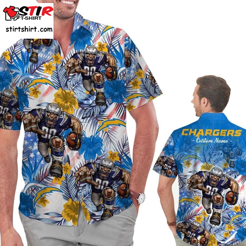 Funny Los Angeles Chargers Tropical Floral America Flag Custom Name Personalized Men Women Aloha Hawaiian Shirt Short For Football Lovers