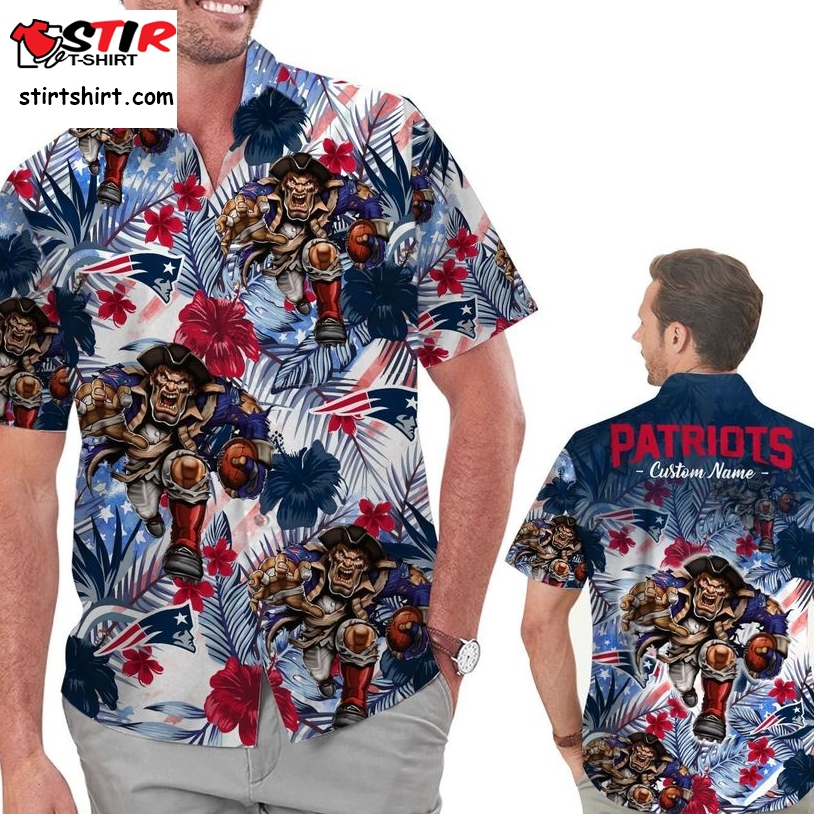 Funny New England Patriots Tropical Floral America Flag Custom Name Personalized Men Women Aloha Hawaiian Shirt Short For Football Lovers