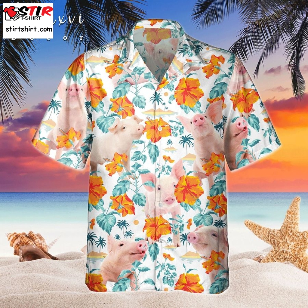 Funny Pig Hawaiian Shirt Short Sleeve For Summer Trip Family,Bright Hibiscus Flowers Aloha Womens Hawaiian Shirts 