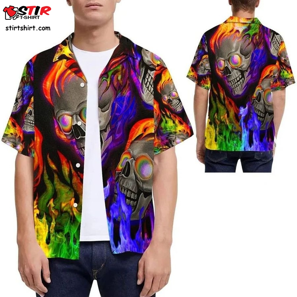 Gay Hawaiian Shirts, Beach Shirt Lgbt Pride Rainbow Flame Skull Hawaii Shirt