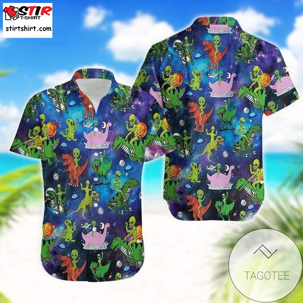 Get Now Hippie Trippy Alien Riding Dinosaur T Rex 420 Tiedye Hawaiian Aloha Shirts Dh   With Tie