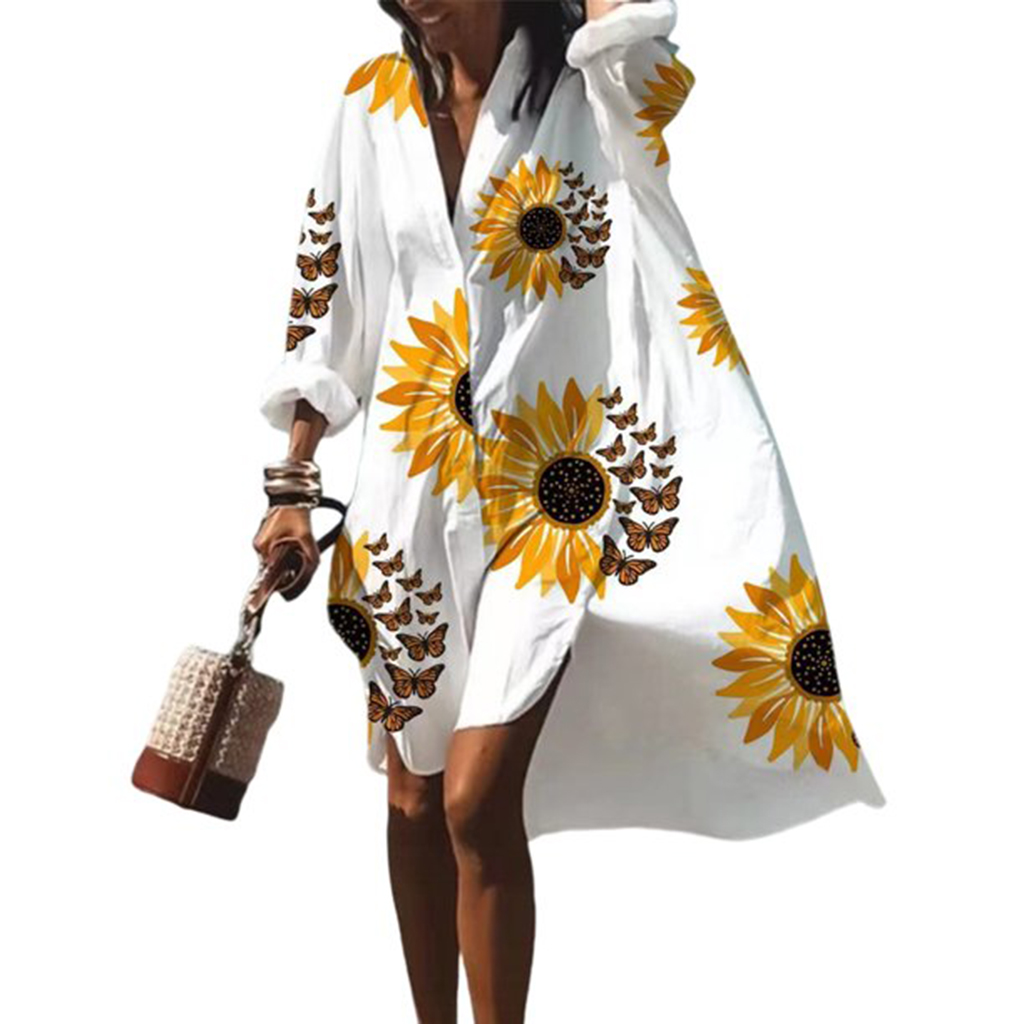 Glookwis Ladies Sunflower Printed Summer Beach Sundress Bohemian Hawaiian Shirt Dressjpeg   Dress