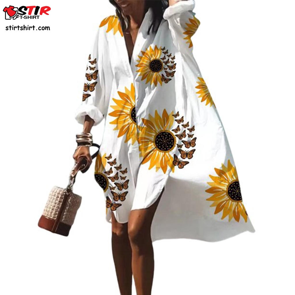 Glookwis Ladies Sunflower Printed Summer Beach Sundress Bohemian Hawaiian Shirt Dress   Dress