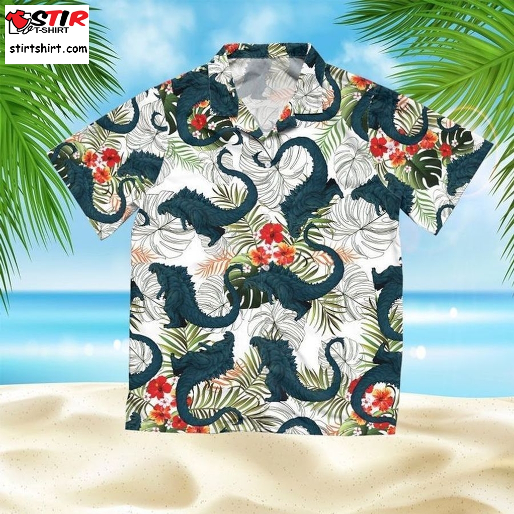Godzilla Graphic Print Short Sleeve Hawaiian Shirt Size S   5Xl  Godzilla 