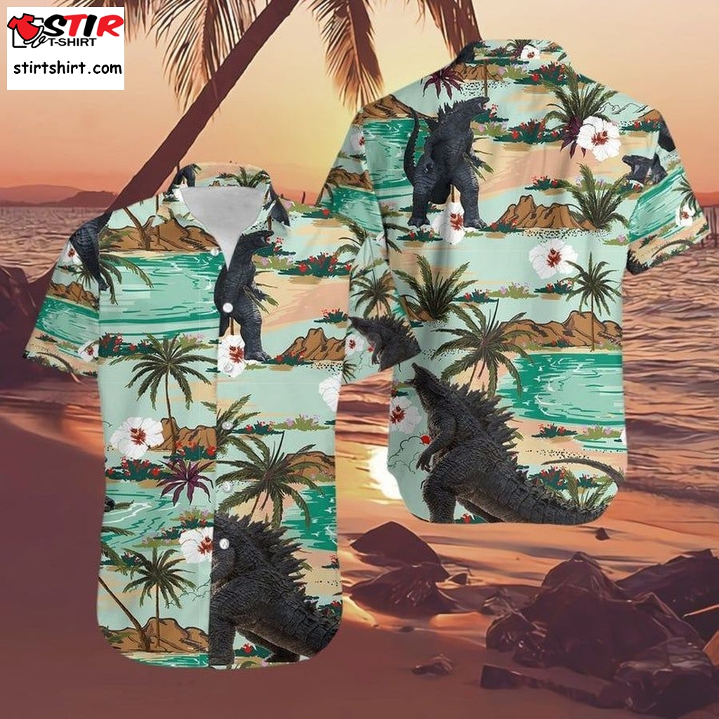 Godzilla Hawaiian Graphic Print Short Sleeve Hawaiian Casual Shirt N98  Godzilla 