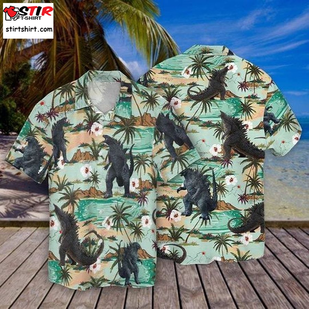 Godzilla Hawaiian Graphic Print Short Sleeve Hawaiian Casual Shirt Size S   5Xl  Godzilla 