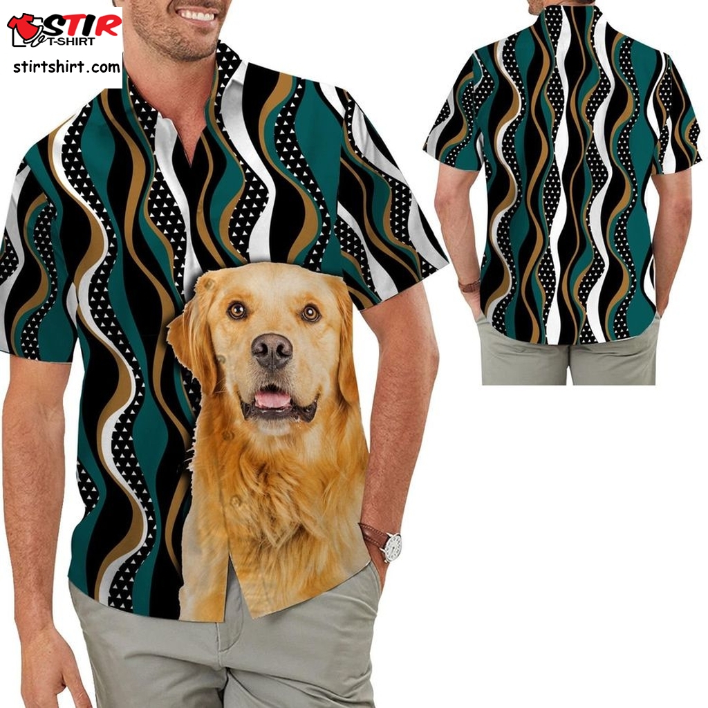 Golden Retriever Hawaiian Aloha Tropical Floral Men Beach Button Up Shirt For Dog Owner And Pet Lover On Summer Vacation  Dog In 