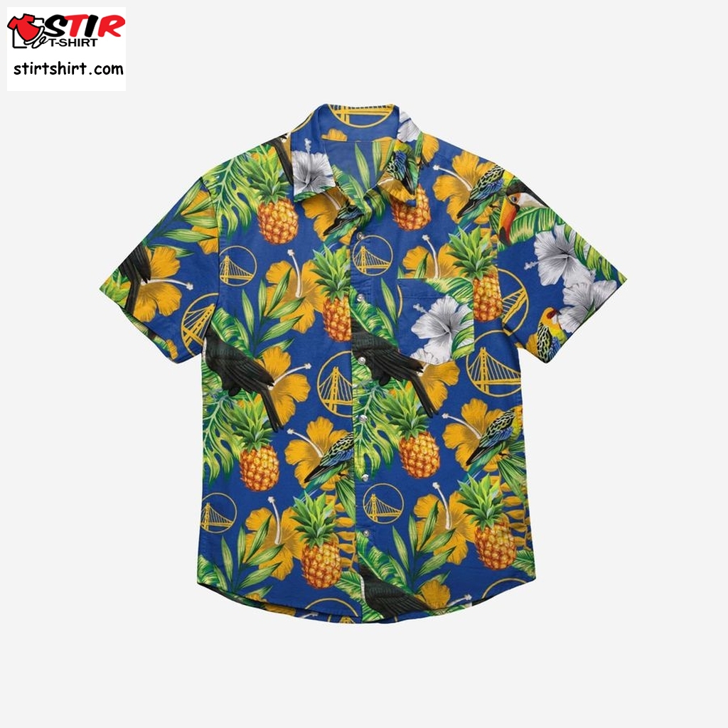 Golden State Warriors Floral Button Up Hawaiian Shirt  Go Barefoot 