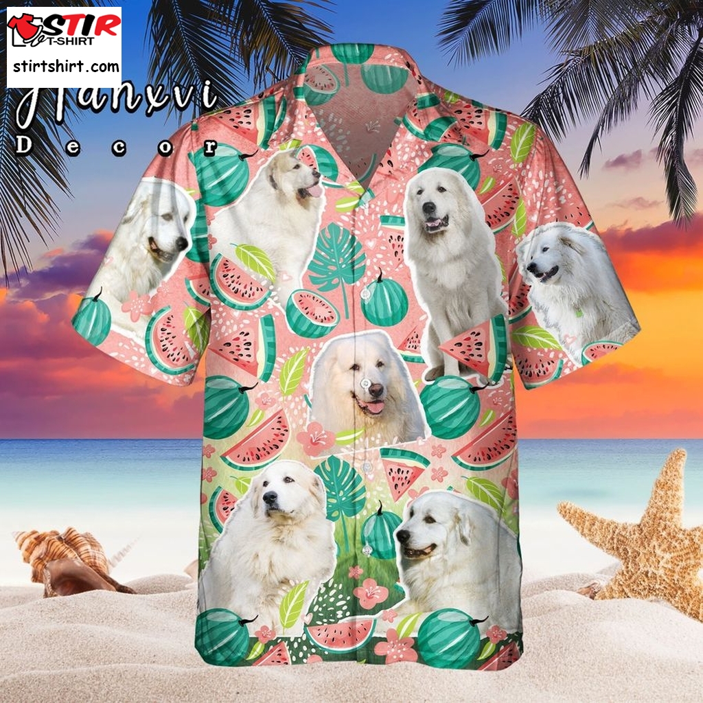 Great Pyrenees Dog Hawaiian Shirt, Beach Shirt With Watermelon For Pyrenean Mountain Dog  Family 
