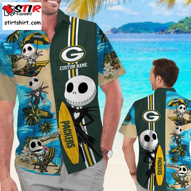 Green Bay Packers Jack Skellington Custom Name Short Sleeve Button Up Tropical Aloha Hawaiian Shirts For Men Women  Green Bay Packers 