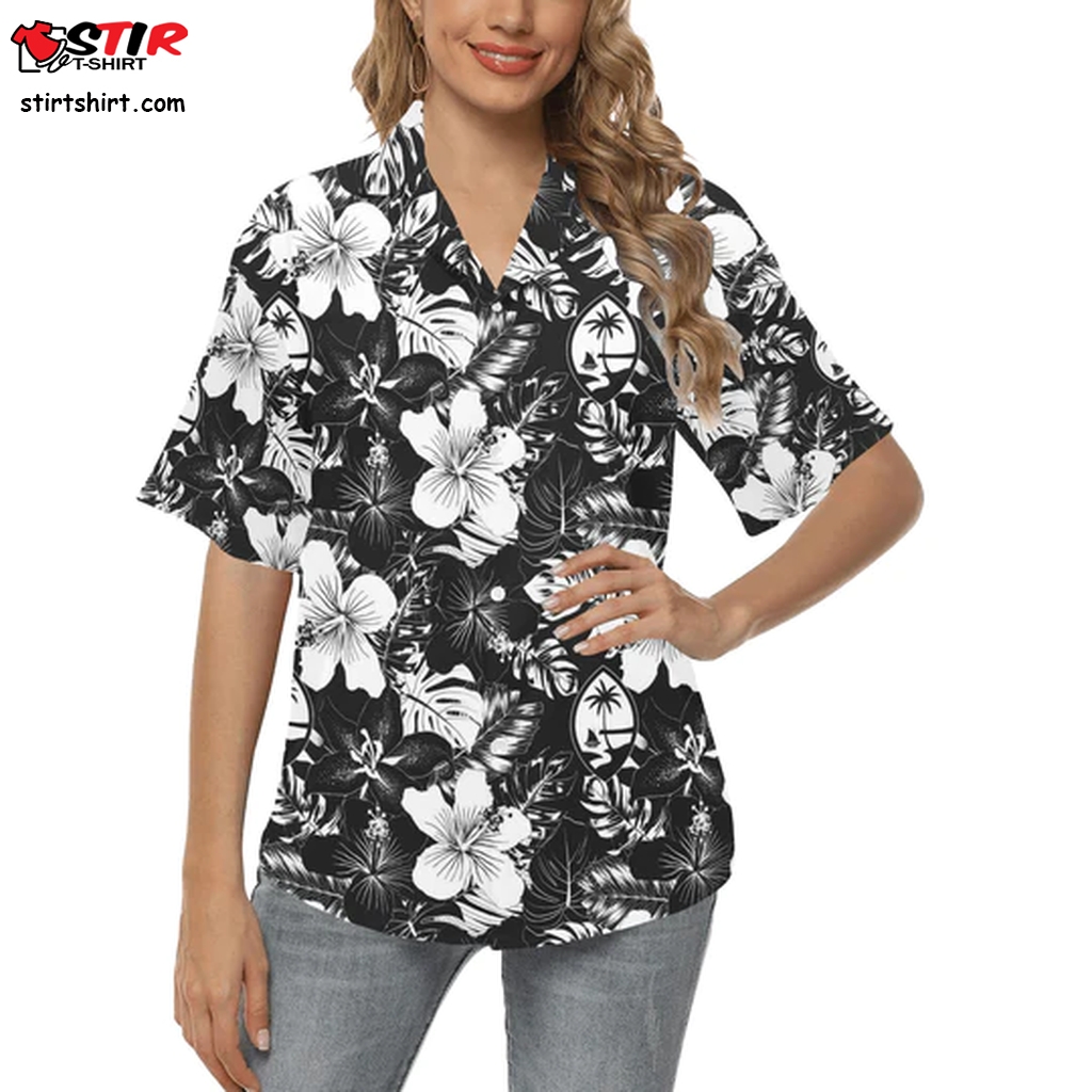 Guam Black Hibiscus Women's Button Down Hawaiian Shirt Women  Hawaiian Print Shirt Womens