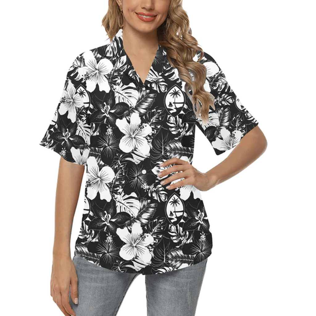 Guam Black Hibiscus Women's Button Down Hawaiian Shirt Womenpng  Hawaiian Print Shirt Womens