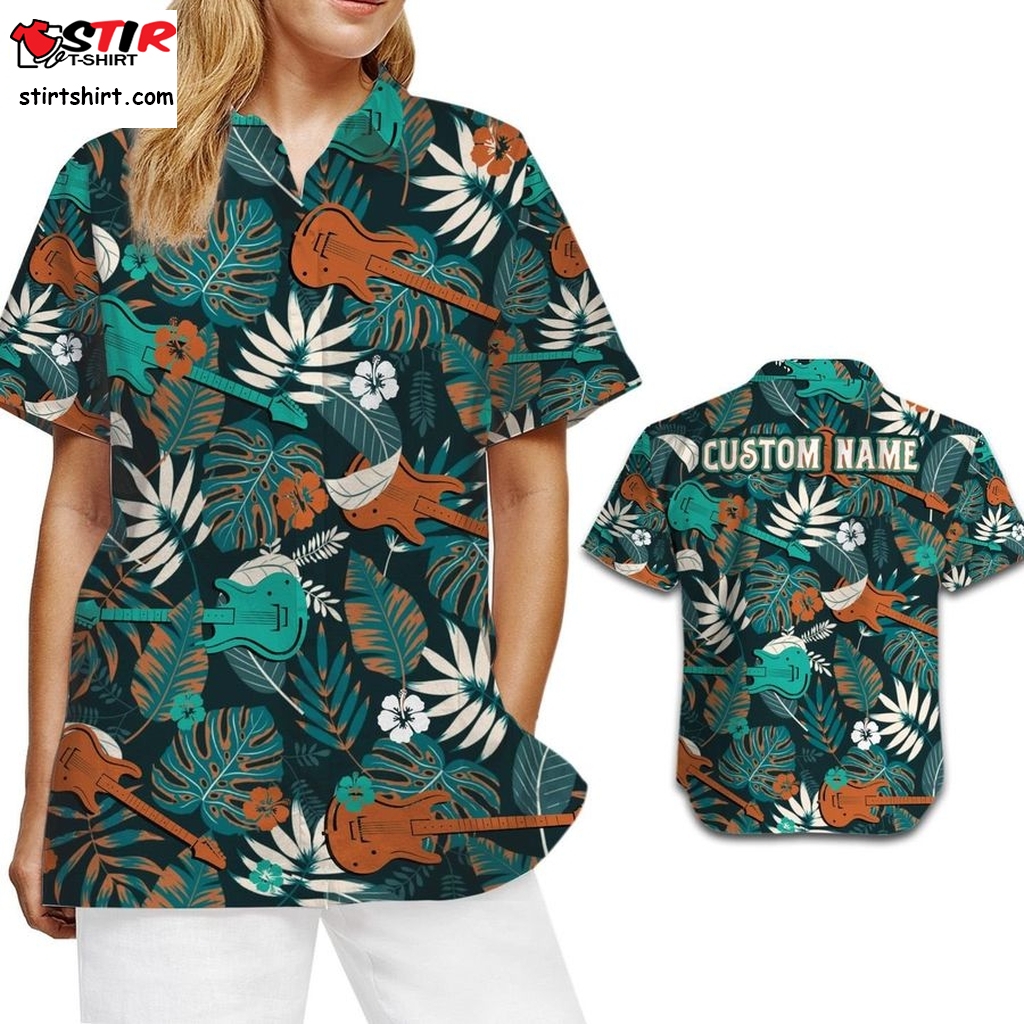 Guitars Image Tropical Floral Custom Name Women Button Up Aloha Hawaiian Shirt Personalized Gifts For Guitarist Lovers   Image