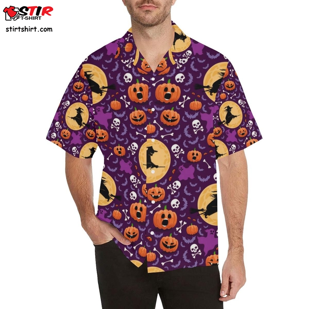 Halloween Pumpkin Witch Pattern Men All Over Print Hawaiian Shirt  Striped 