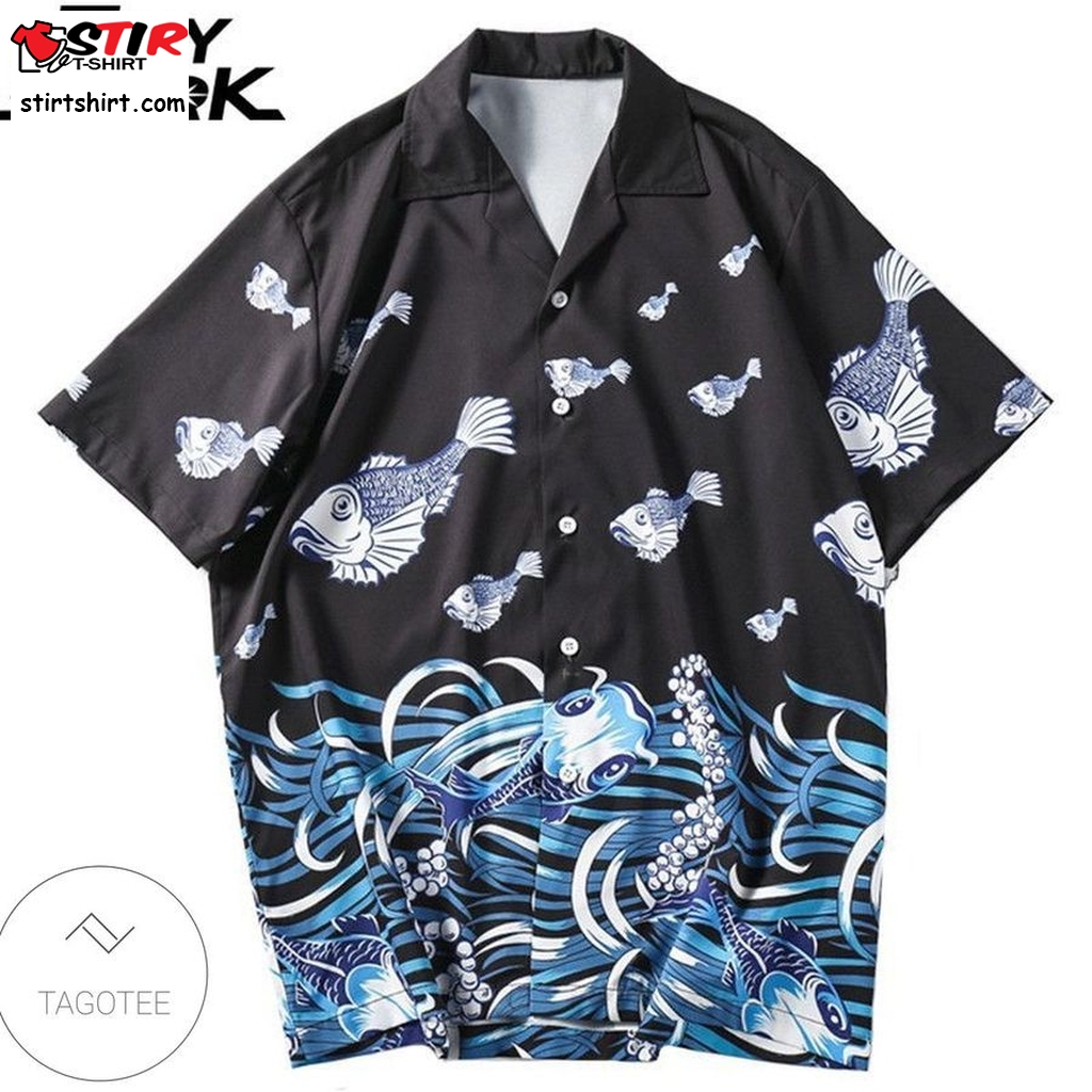 Harajuku Japanese Ukiyoe Shirt Streetwear Fish Print Hawaiian Shirt