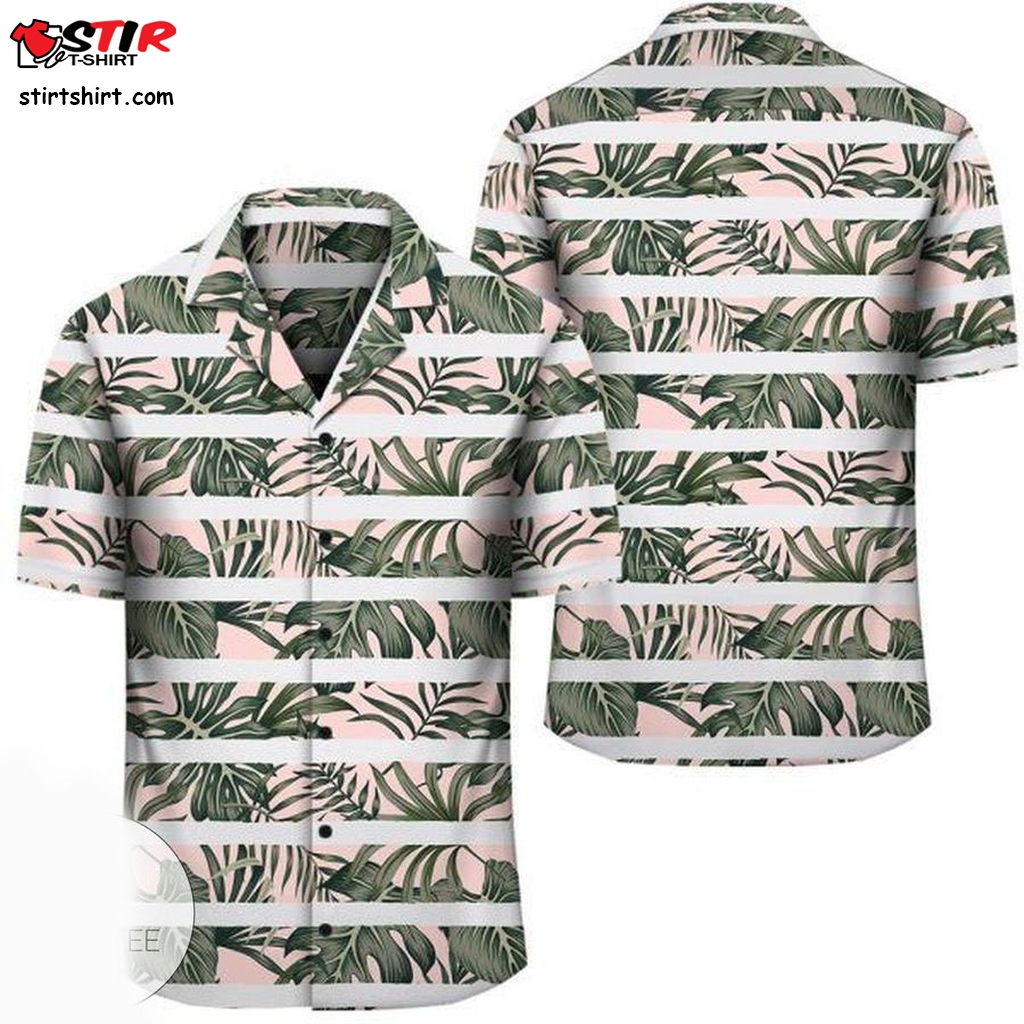 Hawaii Tropical Dark Green Leaves Seamless Pattern White Stripes Pink Background Hawaiian Shirt   Pink