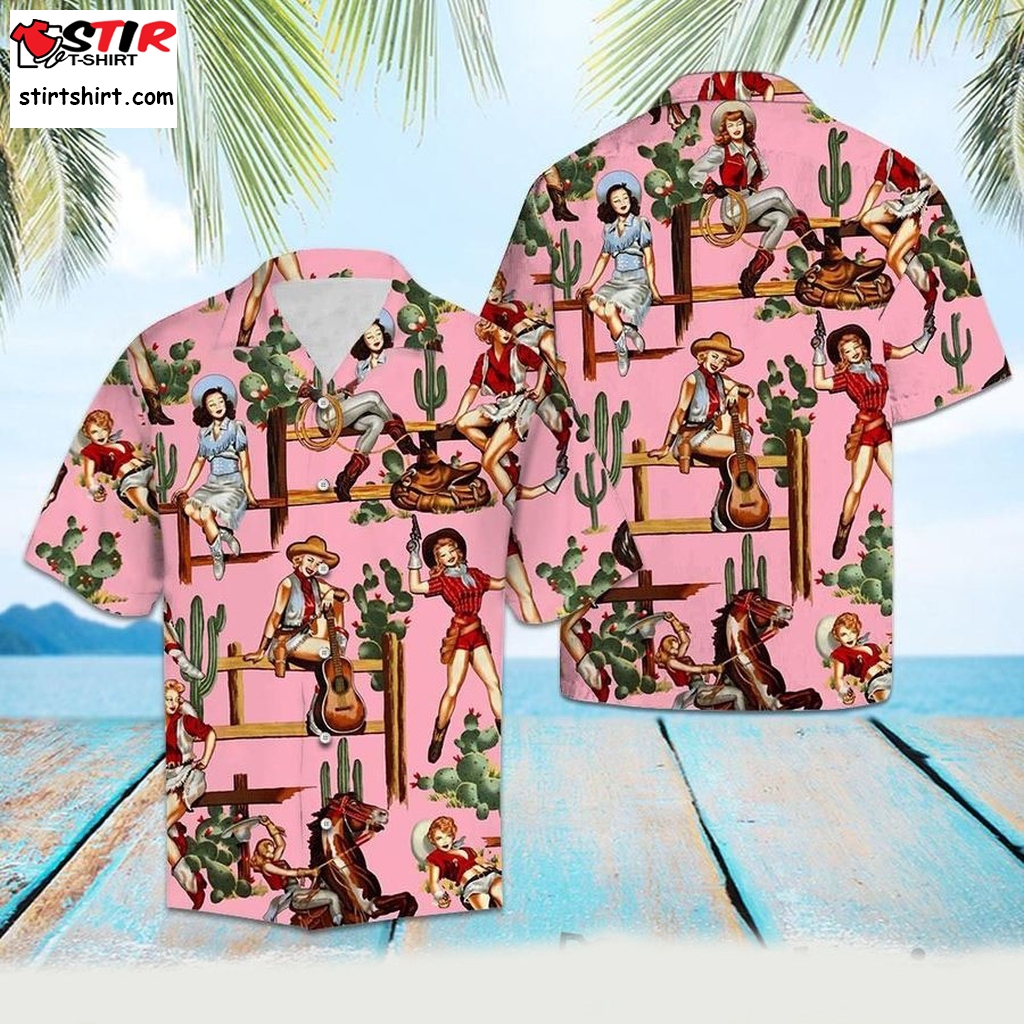 Hawaiian Aloha Shirt Unisex Womens Mens Couples Cowgirl Pink Background   Mens s