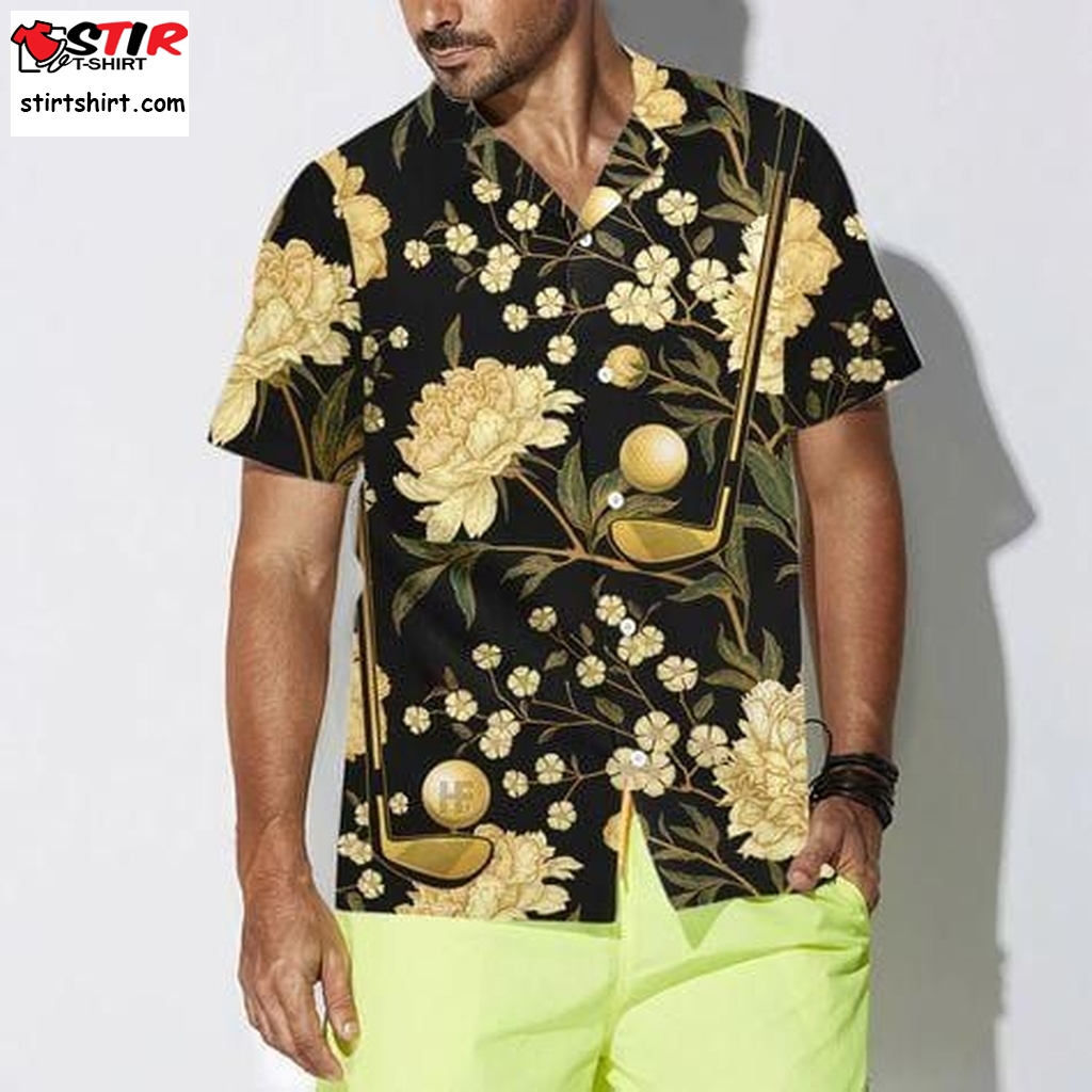 Hawaiian Aloha Shirts Black And Gold Floral Golf  Golf s