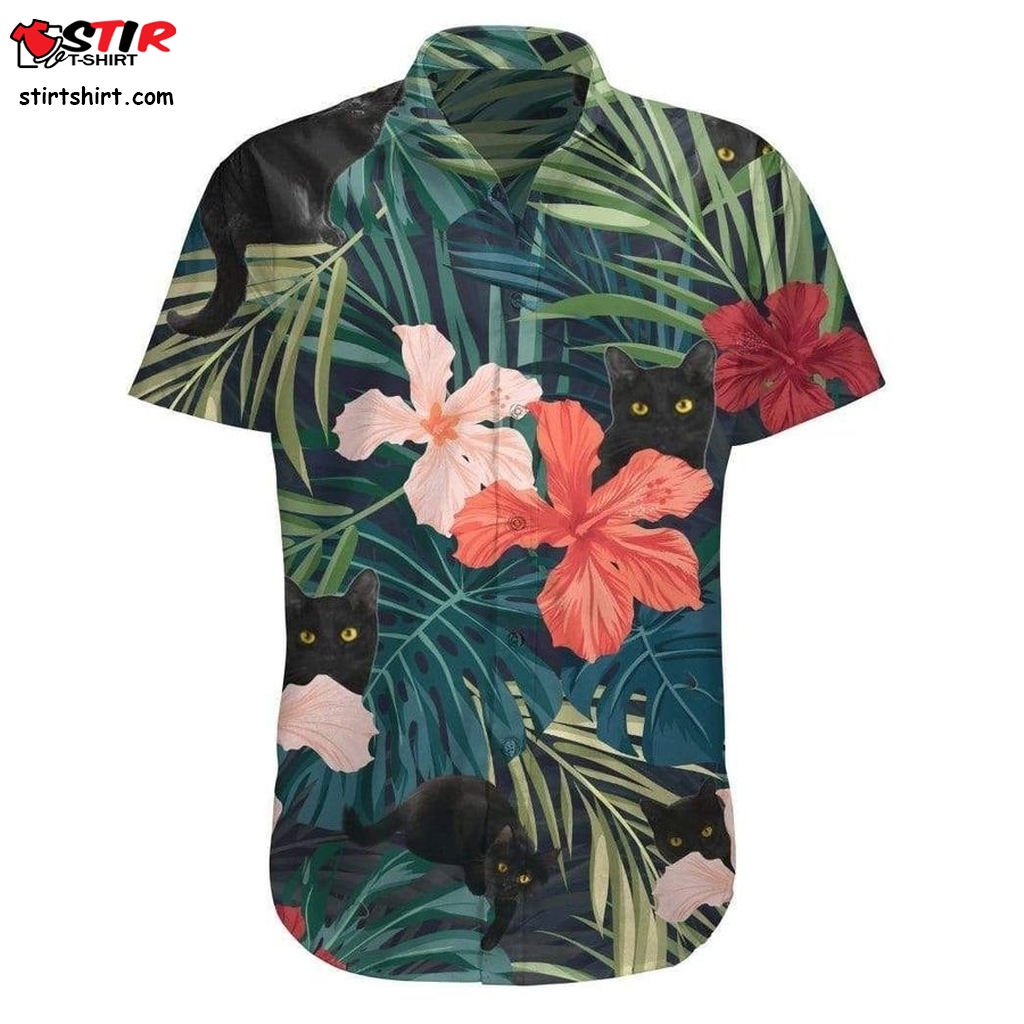 Hawaiian Seamless Pattern With Black Cats Summer Beach Short Sleeve Shirts  s Black