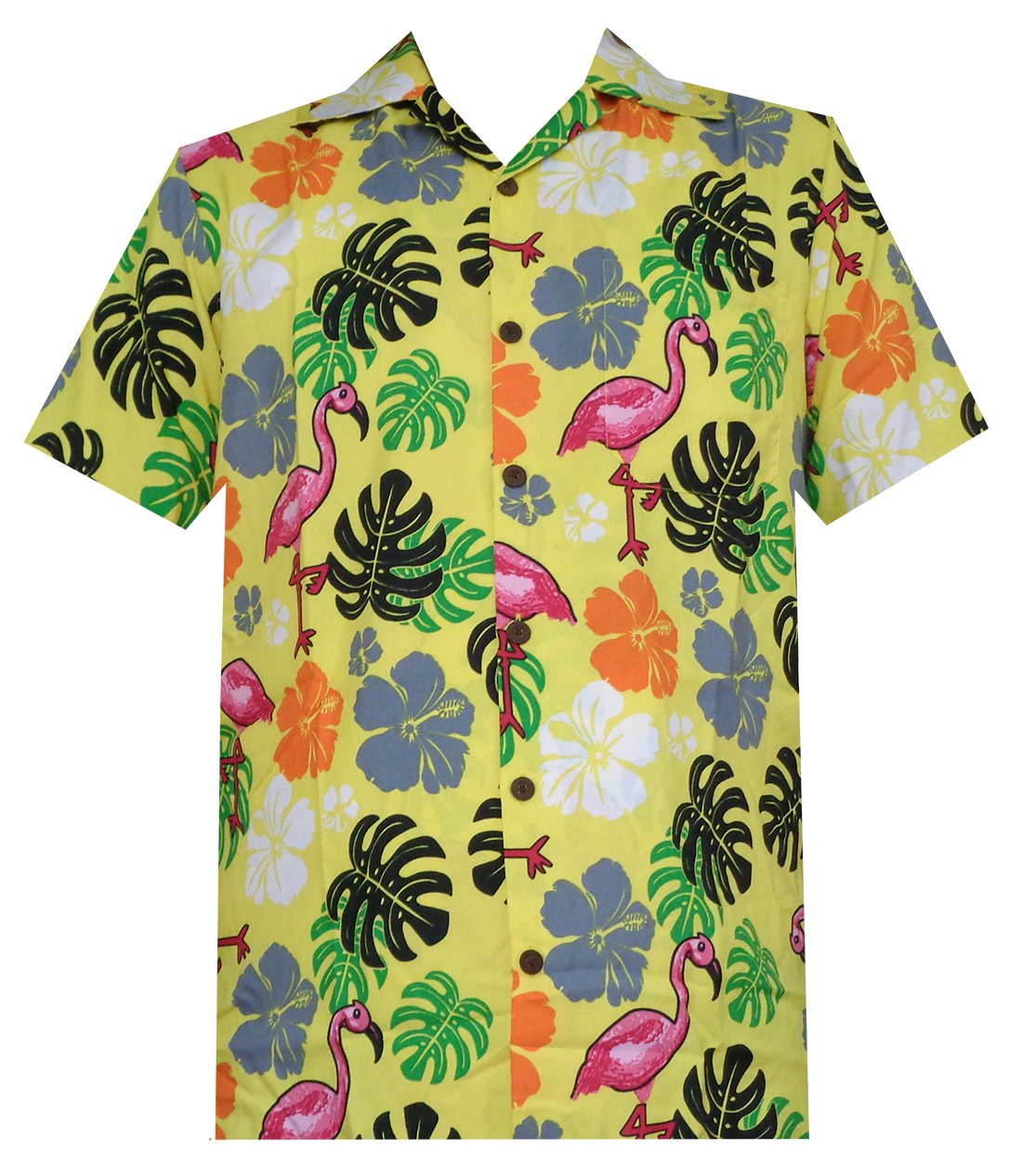 Hawaiian Shirt 37 Mens Flamingo Leaf Print Beach Aloha Party Casual Yellowjpeg  Tacky 