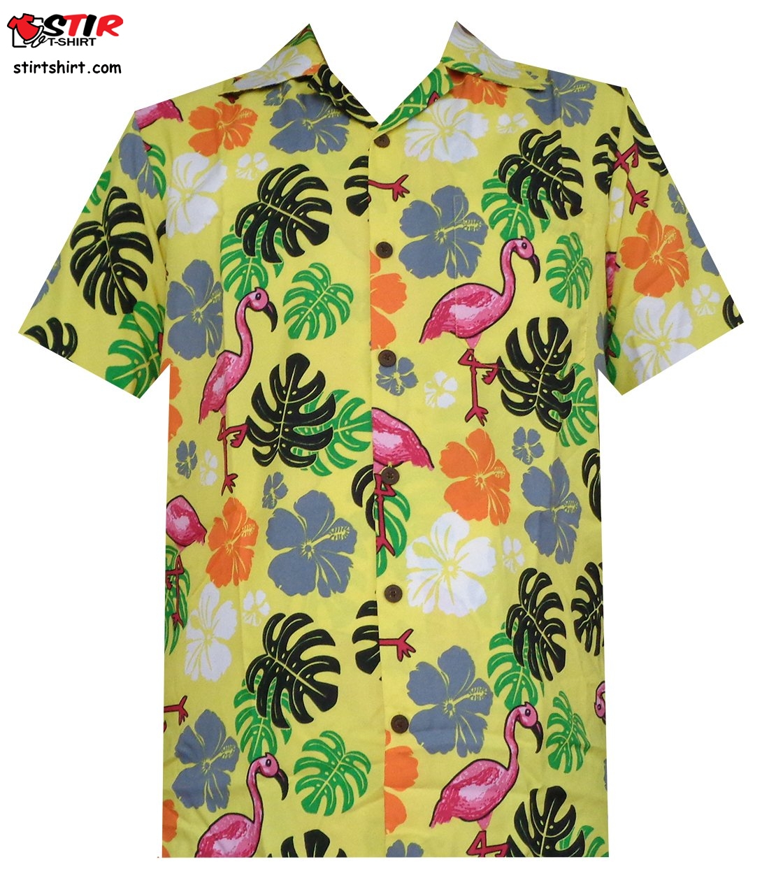 Hawaiian Shirt 37 Mens Flamingo Leaf Print Beach Aloha Party Casual Yellow  Tacky 