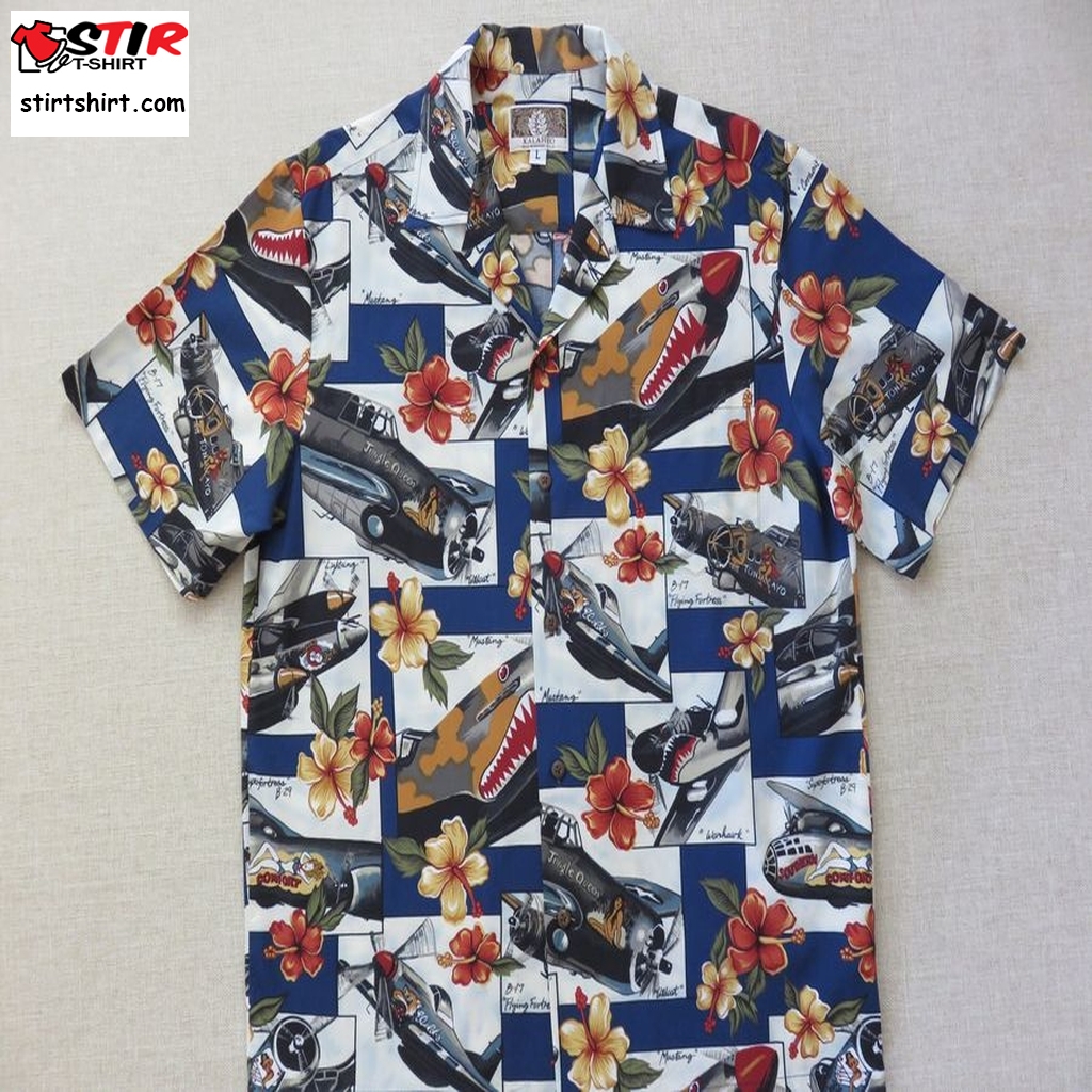 Hawaiian Shirt, Kalaheo Hawaii Shirt, Airplane Aloha Shirt, Commerative World War Ii Bombers B17 Flying Fortress Planes, Mens Size L  Mens s