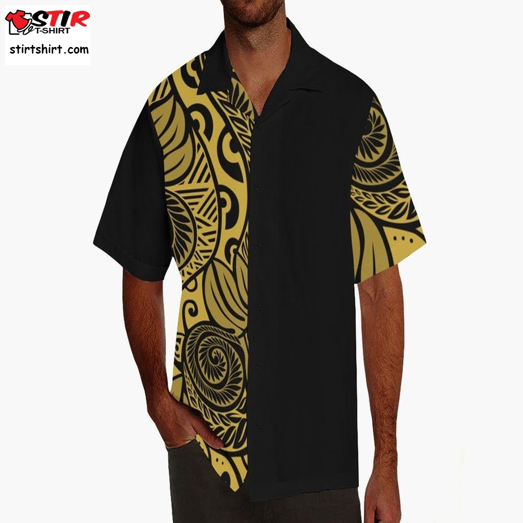 Hawaiian Shirt Men   Polynesian Shirt Design On Sleeve   Half Black Golden Ulu Floral Bowling  s Black