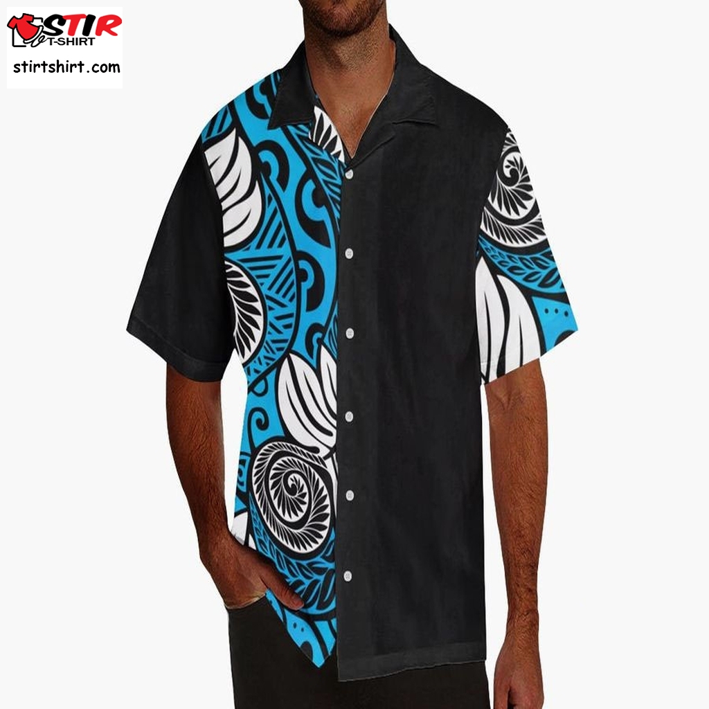 Hawaiian Shirt Men   Polynesian Shirt   Samoan Shirt   Half Blue Black White Ulu Bowling Shirt  s Black
