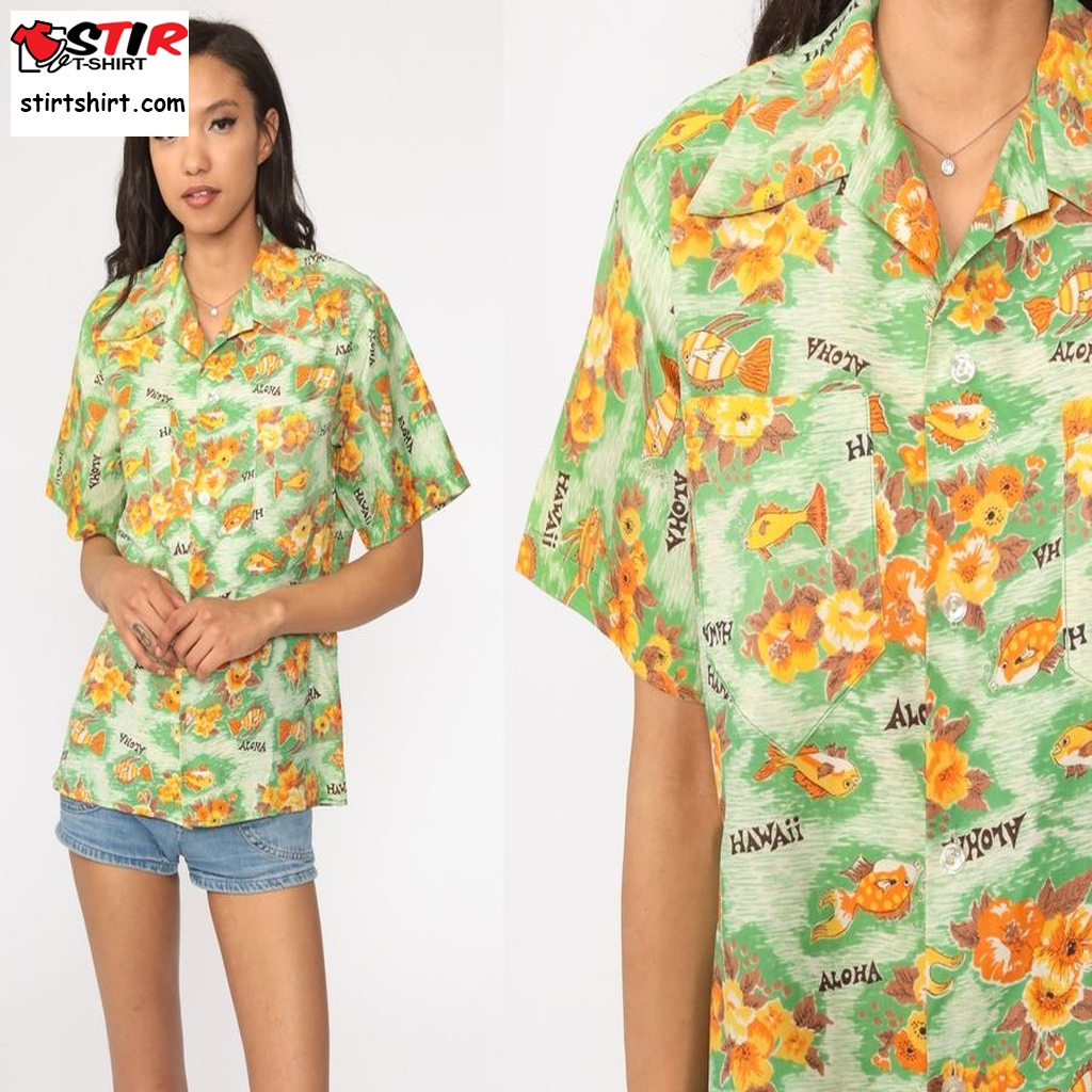 Hawaiian Shirt Tropical Fish Shirt 70S Floral Blouse Aloha Button Up Shirt 1970S Boho Ladies Hawaiian Shirts