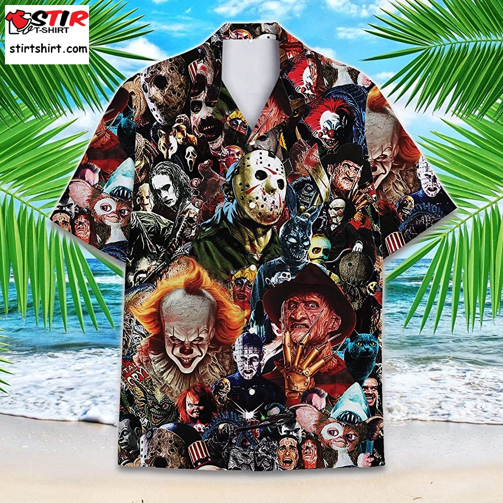 Hawaiian Shirt With Horror Characters Films Halloween Button Down Short Sleeves Shirt  Horror Movie 