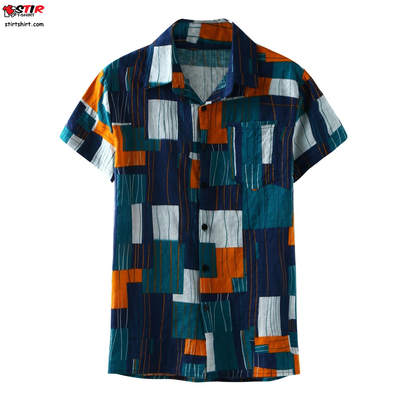 Hawaiian T Shirt Men Cotton Linen Color Block Print Clothes Short Sleeve Button Shirt  Mens Hawaiian T Shirt