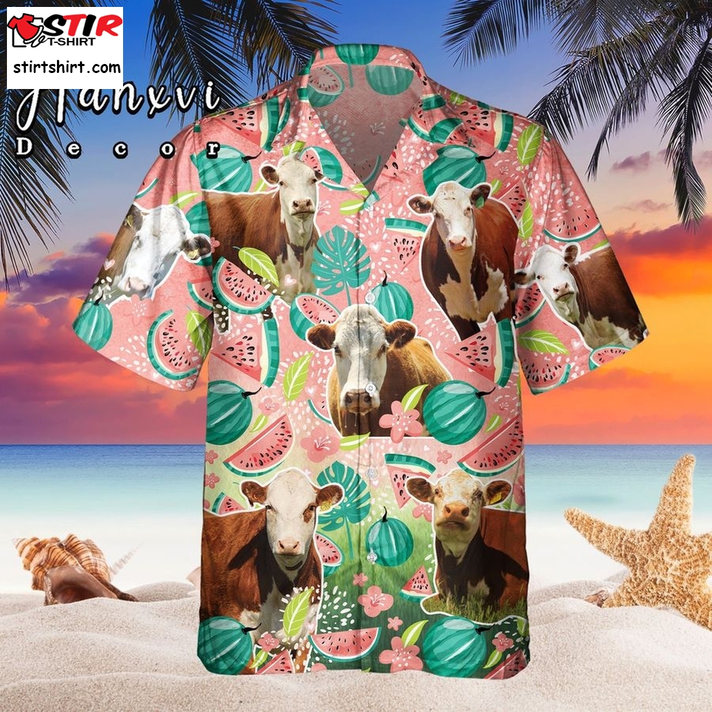 Hereford Cow Hawaii Shirt, Summer Beach Shirt With Watermelon For Farm Animals Lovers  Family 