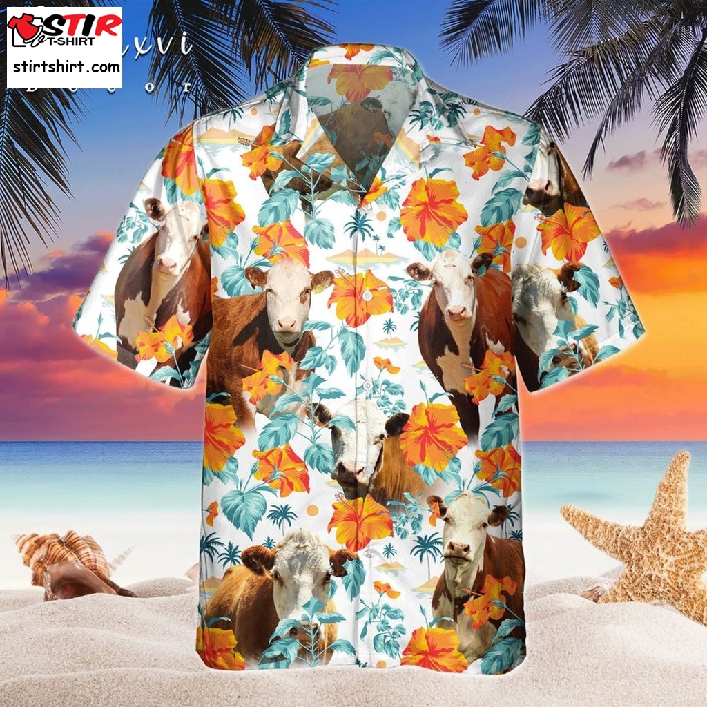 Hereford Cow Hawaiian Shirt Short Sleeve For Summer Trip Family,Bright Hibiscus Flowers Aloha Shirt For Animal Farm Lovers, Cute Cow Shirt  Family 