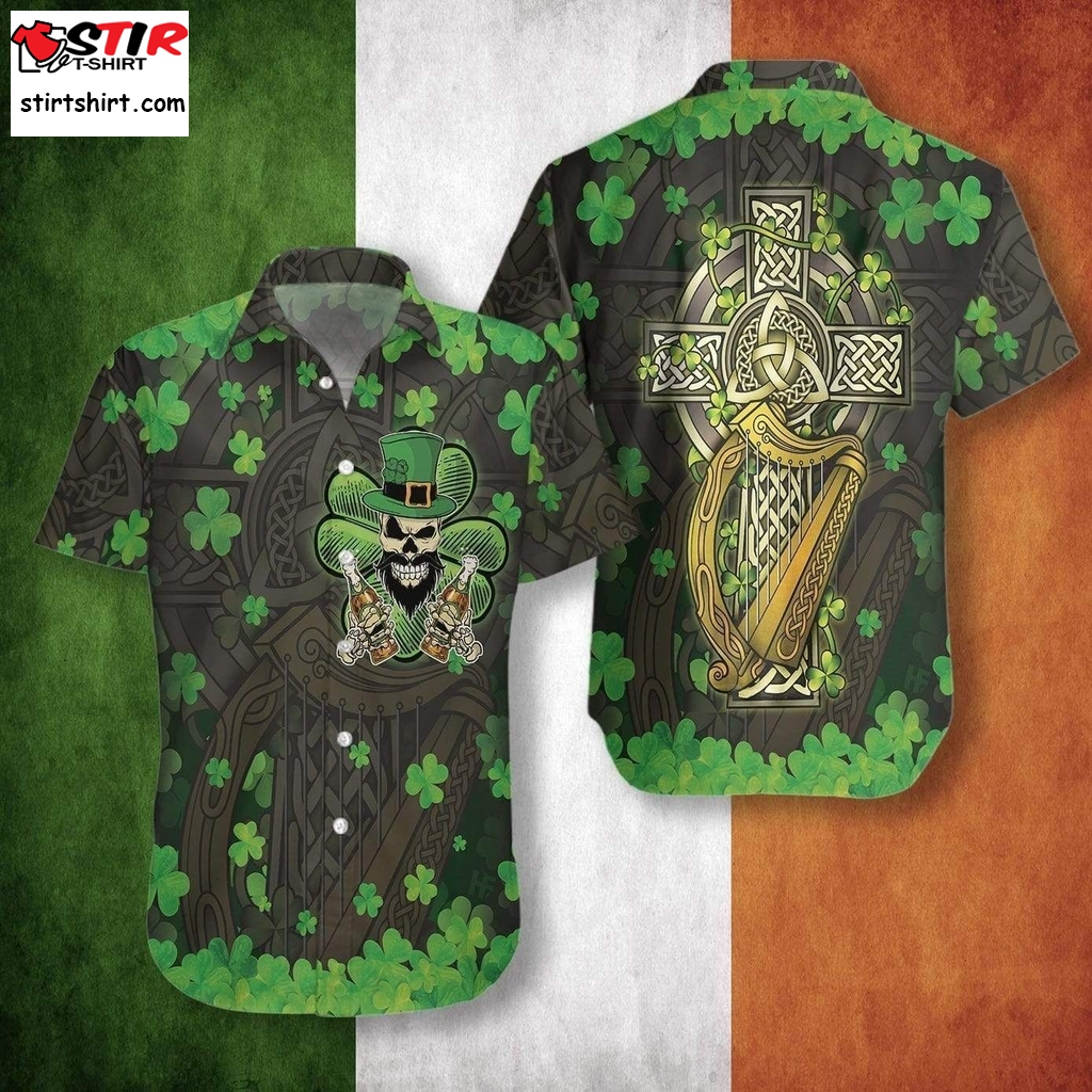 High Quality Beer And Skull Proud Irish People Celtic Cross Harp Patrick Green Hawaiian Shirts  Trader Joes 