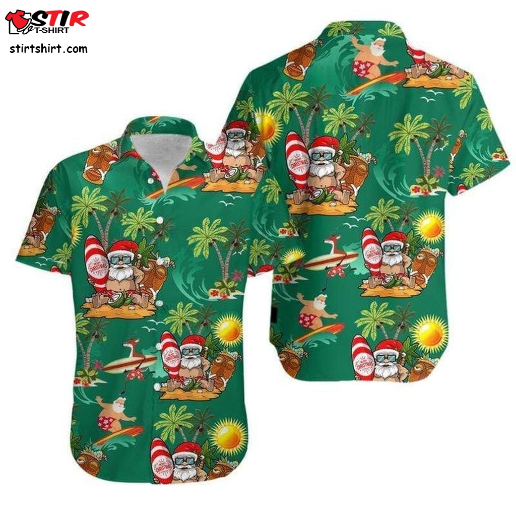 High Quality Santa On Beach Green Hawaiian Aloha Shirts   Hawaiian Shirts Green