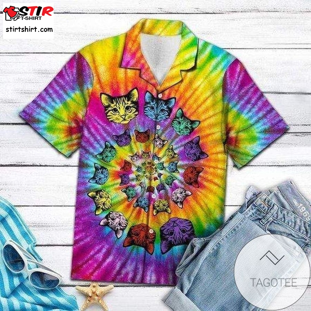 High Quality Tie Dye Psychedelic Hippie Cat Hawaiian Aloha Shirts Dh   With Tie